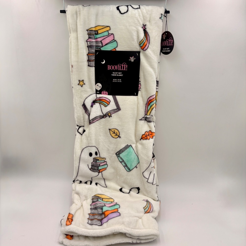 Booville! Halloween Velvet Soft Throw Blanket Ghost Bookworm Rainbow Bibliophile